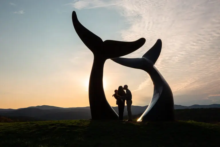 Mom and Dad with newborn at the Whale Dance sculpture in Randolph Vermont silhouetted against a sunset sky