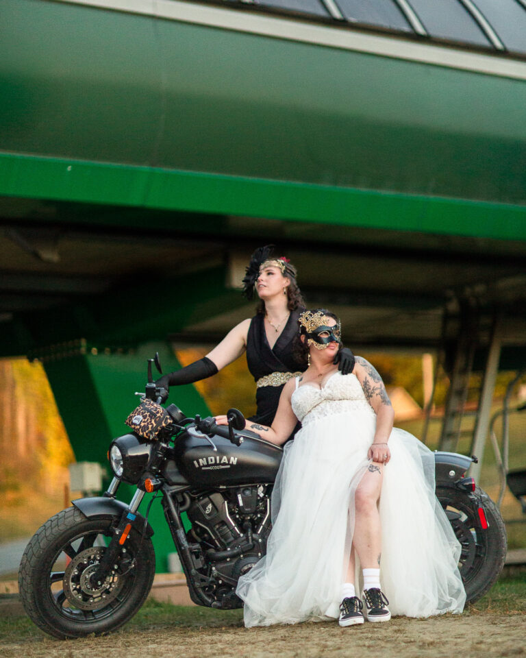 Brides on a motor cycle below the chairlift at Burke Mountain Ski resort