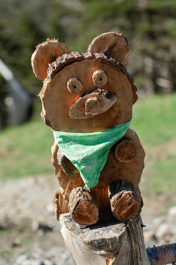 cute scrap wood bear sculpture with green bandana on the Stowe auto road